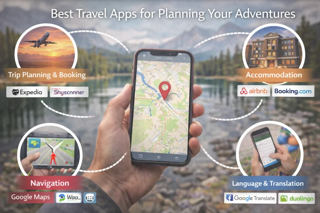 Realistic cover image titled “Best Travel Apps for Planning Your Adventures” showing a person holding a smartphone with a map and location pin, surrounded by visuals for trip planning and booking, accommodation, navigation, and language translation apps against a scenic mountain lake backdrop.