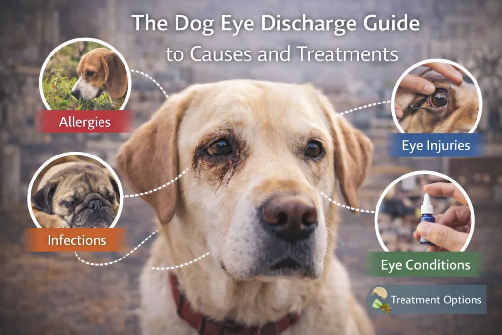 Dog Eye Discharge: The dog eye discharge Guide to Causes and Treatments Realistic cover image titled “The Dog Eye Discharge Guide to Causes and Treatments” showing a close-up of a Labrador retriever with visible eye discharge, alongside visual highlights of common causes such as allergies, infections, eye injuries, eye conditions, and treatment options.
