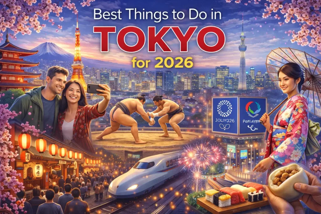Best Things to Do in Tokyo for 2026 cover image featuring Tokyo skyline with Tokyo Tower and Skytree, Mount Fuji, cherry blossoms, Shinkansen bullet train, sumo wrestlers, sushi, and woman in kimono.