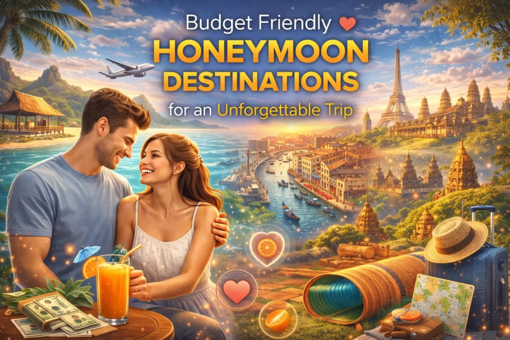 Budget Friendly Honeymoon Destinations cover image showing romantic couple on tropical beach, Eiffel Tower and European cityscape, scenic coastline, travel suitcase, airplane, map, and affordable travel symbols for an unforgettable trip.