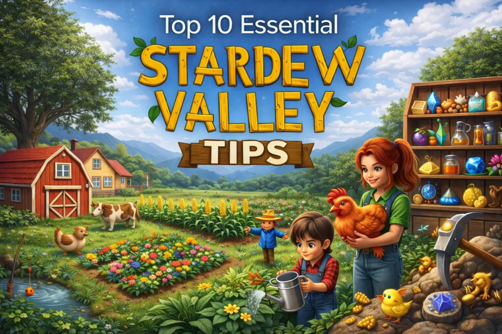 Realistic farm scene inspired by Stardew Valley showing a farmer watering crops, woman holding a chicken, barn, livestock, garden flowers, and mountain landscape, representing Top 10 Essential Stardew Valley Tips guide.