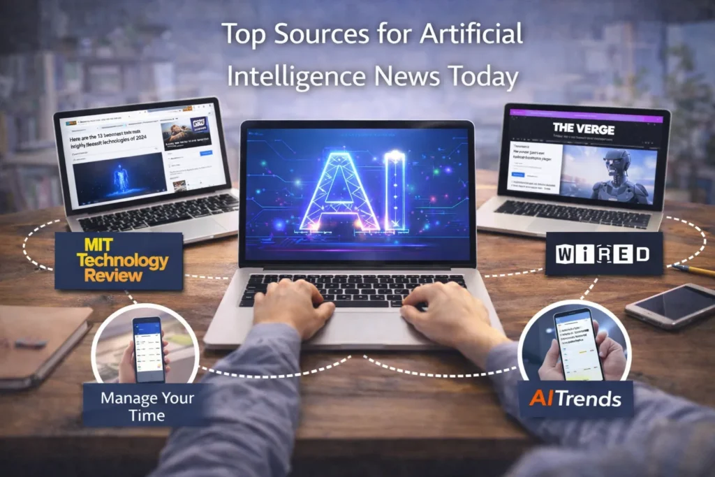Realistic cover image titled “Top Sources for Artificial Intelligence News Today” showing a laptop with a glowing AI graphic on screen, surrounded by devices displaying technology news websites focused on artificial intelligence and innovation.