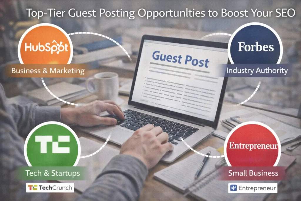 Realistic cover image titled “Top-Tier Guest Posting Opportunities to Boost Your SEO” showing a person typing on a laptop with a “Guest Post” article on screen, surrounded by highlighted high-authority website categories such as business and marketing, industry authority, tech and startups, and small business.