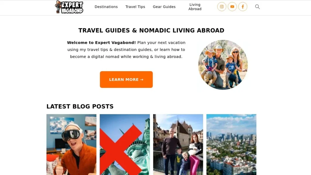 Expert Vagabond travel blog homepage featuring travel guides, nomadic living resources, a family travel photo, and latest blog posts section.