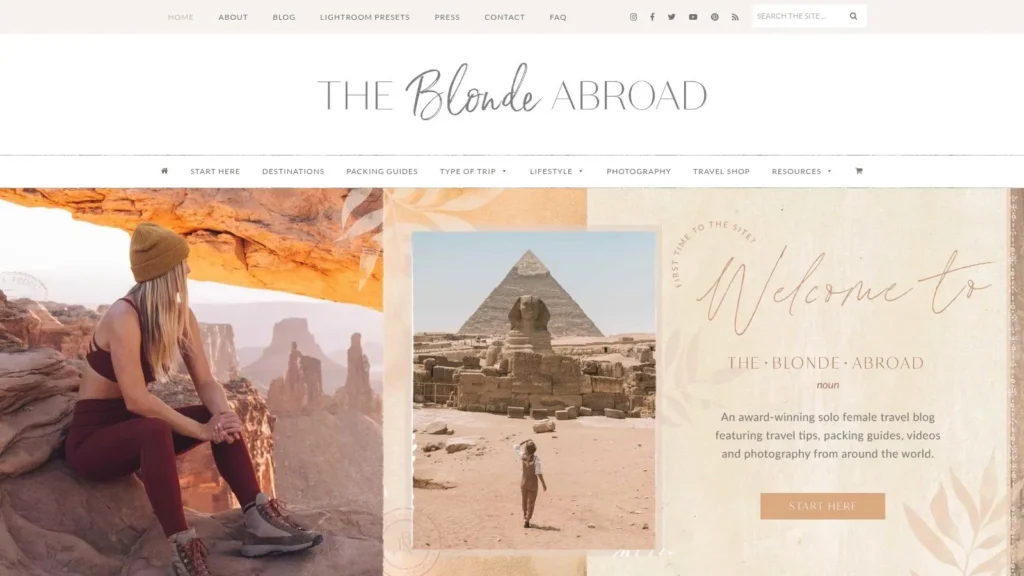 The Blonde Abroad travel blog homepage featuring a female traveler overlooking a canyon and images of Egypt’s pyramids, promoting solo female travel guides and photography resources.