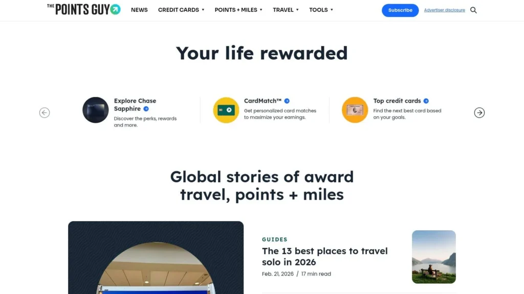The Points Guy homepage featuring travel rewards news, credit card guides, and stories about award travel, points, and miles, with highlighted resources like Chase Sapphire and top credit cards.