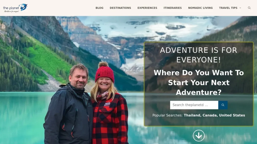 The Planet D travel blog homepage showing a couple standing by a turquoise mountain lake with a search banner inviting users to start their next adventure.
