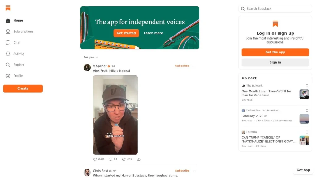7 Top Travel Blog Websites You Need to See in 2026 Screenshot of the Substack homepage featuring a feed of posts, navigation sidebar, “The app for independent voices” banner, and login or sign-up options.