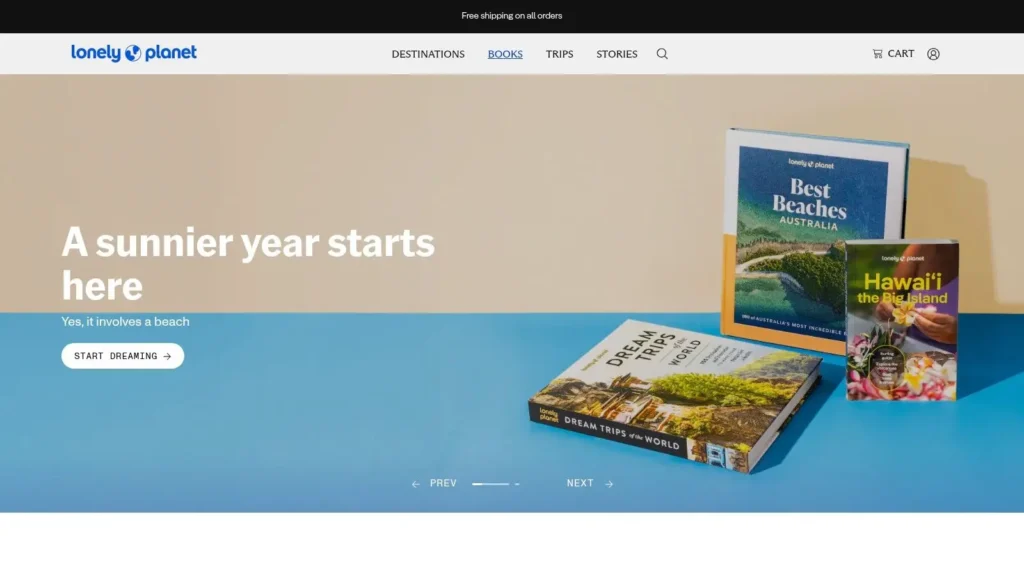 7 Top Travel Blog Websites You Need to See in 2026 Screenshot of the Lonely Planet website homepage featuring travel books like “Best Beaches Australia,” “Hawai‘i the Big Island,” and “Dream Trips of the World,” with the headline “A sunnier year starts here.”