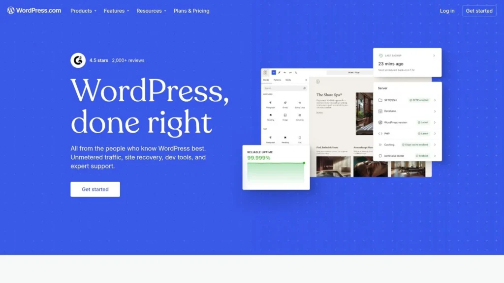 Screenshot of WordPress.com homepage with the headline “WordPress, done right,” featuring dashboard previews, uptime statistics, and a “Get started” button on a blue background.