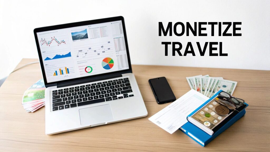 Laptop displaying financial charts on a desk with cash, coins, notebook, glasses, and smartphone, alongside the text “Monetize Travel.”