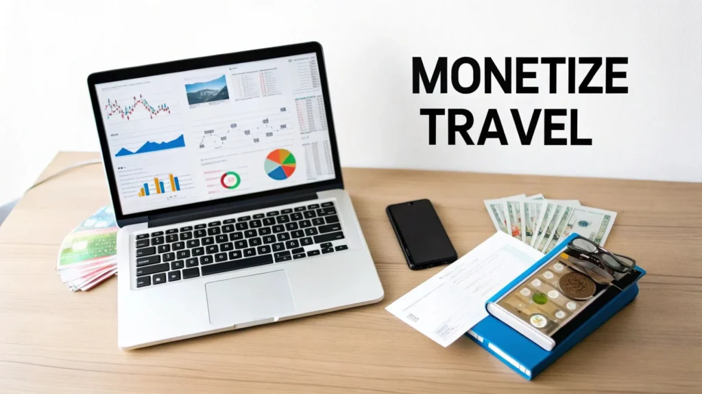 Laptop showing analytics with cash, passport, and phone on desk, with “Monetize Travel” text on a clean background.