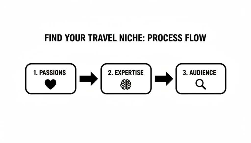 Diagram showing travel niche process flow: passions, expertise, and audience, connected by arrows on a clean background.