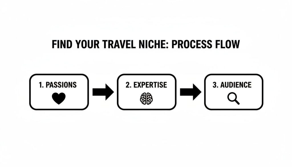 Infographic titled “Find Your Travel Niche: Process Flow” showing three steps—1. Passions, 2. Expertise, and 3. Audience—connected by arrows.
