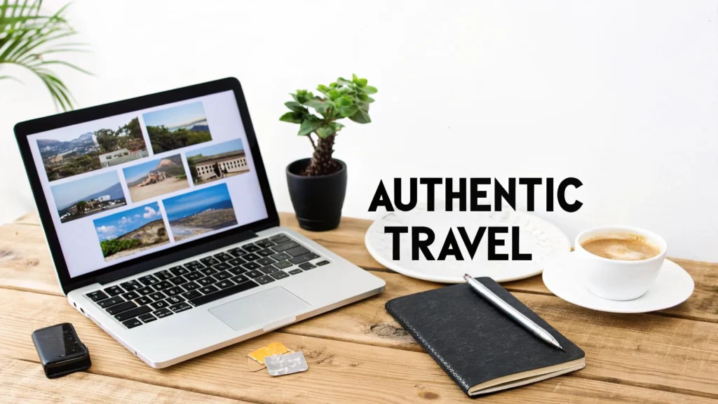 Laptop displaying travel photos on a desk with coffee, notebook, and plant, with “Authentic Travel” text on a clean background.