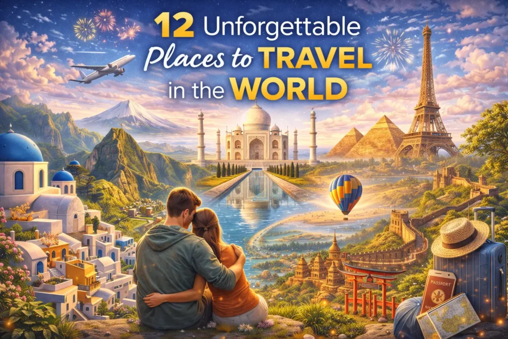 12 Unforgettable Places to Travel in the World cover image featuring Taj Mahal, Eiffel Tower, Pyramids of Giza, Santorini, Great Wall of China, Mount Fuji, hot air balloon, airplane, and couple overlooking scenic global landmarks.