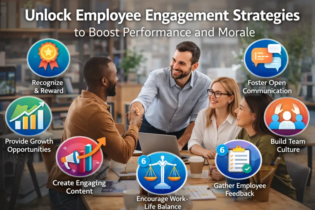 Realistic cover image titled “Unlock Employee Engagement Strategies to Boost Performance and Morale” showing a diverse team collaborating in a modern office, with visual icons representing recognition, growth opportunities, open communication, team culture, work-life balance, content creation, and employee feedback.