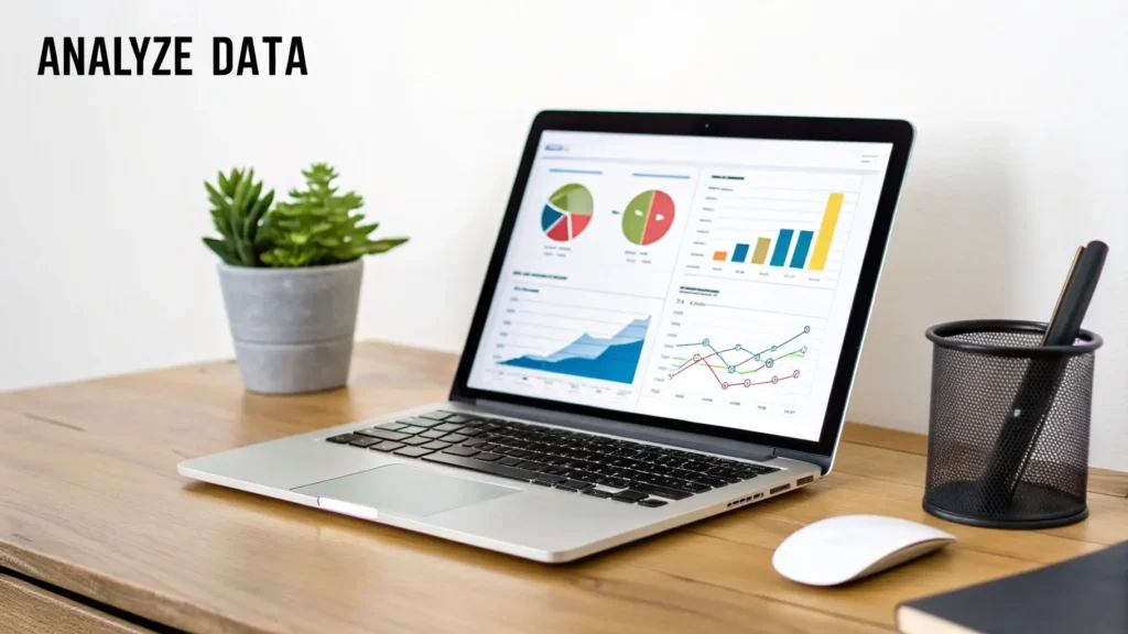 Laptop on a wooden desk displaying analytics dashboards with charts and graphs under the heading “Analyze Data,” representing data analysis and performance tracking for digital marketing.