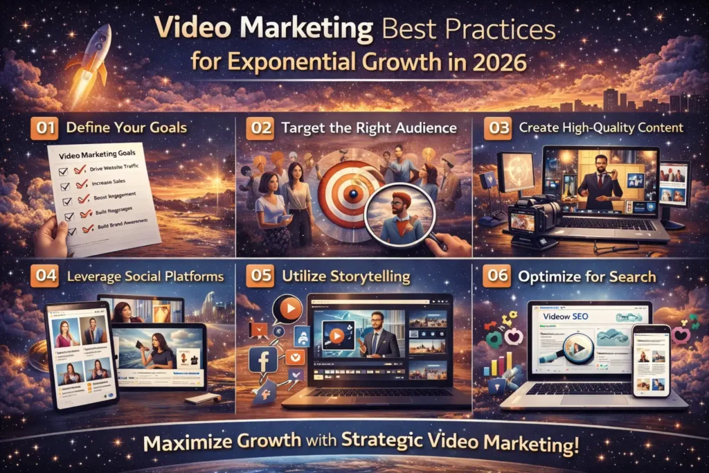 Infographic titled “Video Marketing Best Practices for Exponential Growth in 2026” featuring a bold cosmic-themed layout with illustrated sections on defining goals, targeting the right audience, creating high-quality content, leveraging social platforms, utilizing storytelling, and optimizing for search, displayed alongside video production equipment, analytics dashboards, and social media icons.