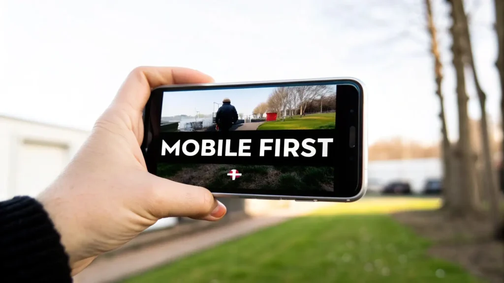 Hand holding a smartphone displaying the words “Mobile First” over a video scene, illustrating mobile-first design and mobile video marketing strategy.