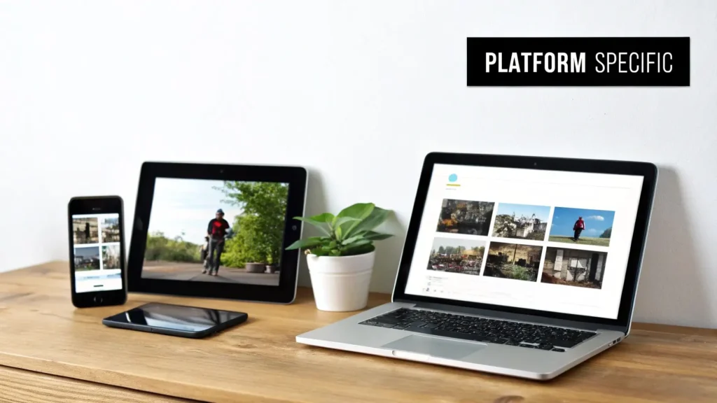 Laptop, tablet, and smartphone displaying responsive website layouts on a desk, illustrating platform-specific design and multi-device compatibility.