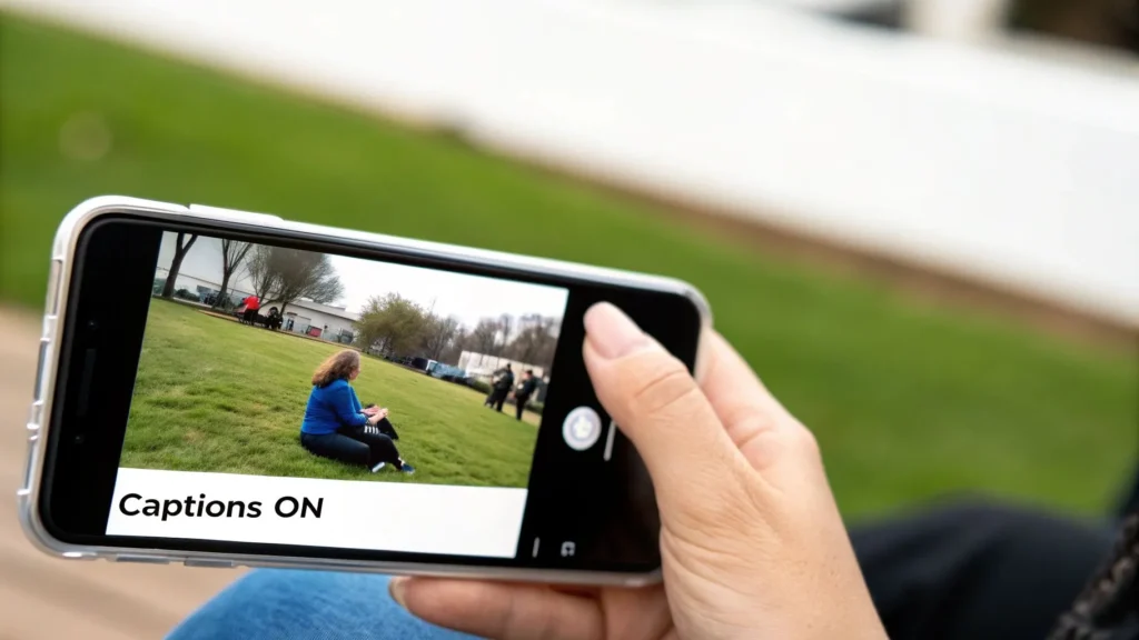 Person holding a smartphone recording a video in a park with “Captions ON” displayed on the screen, illustrating mobile video content with captions enabled for accessibility.
