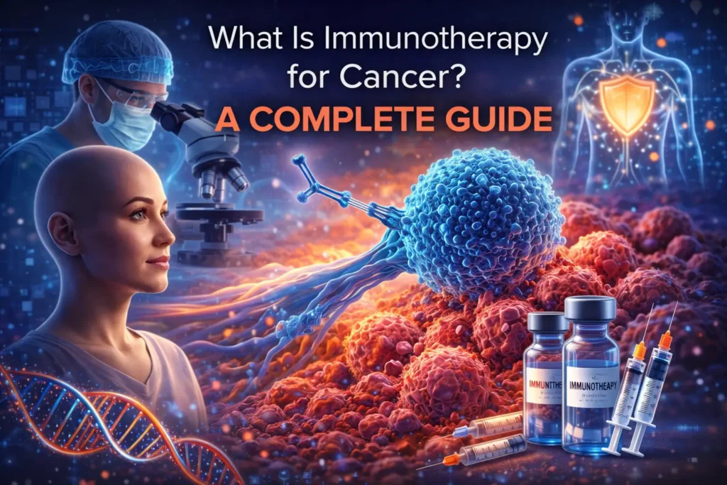 Immunotherapy for cancer concept illustration showing a patient, oncologist using microscope, immune T-cell attacking cancer cells, DNA strand, and immunotherapy vials with syringes, representing a complete guide to cancer treatment advancements.