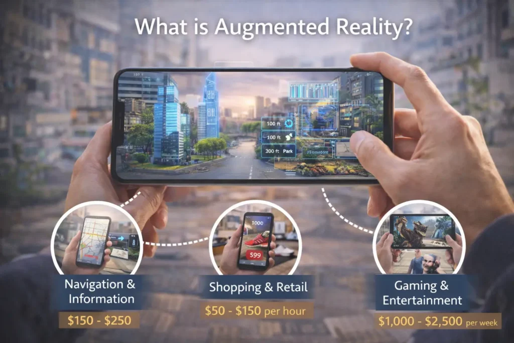 Realistic cover image titled “What is Augmented Reality?” showing a person holding a smartphone with a city street enhanced by digital overlays, highlighting AR uses such as navigation and information, shopping and retail, and gaming and entertainment.