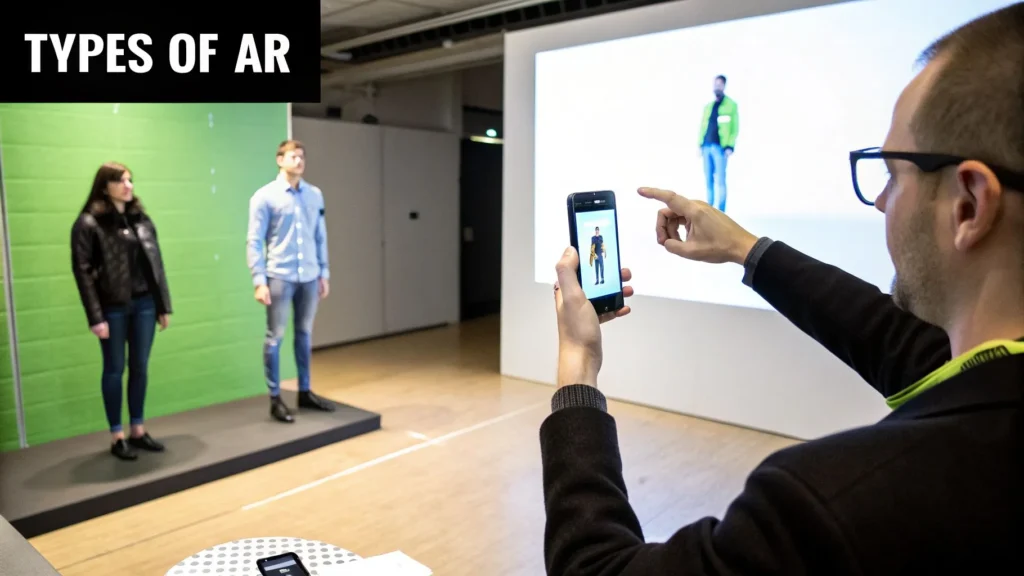 Demonstration of augmented reality types, showing a man using a smartphone to overlay a digital 3D model onto people standing in front of a green screen in a studio setting.