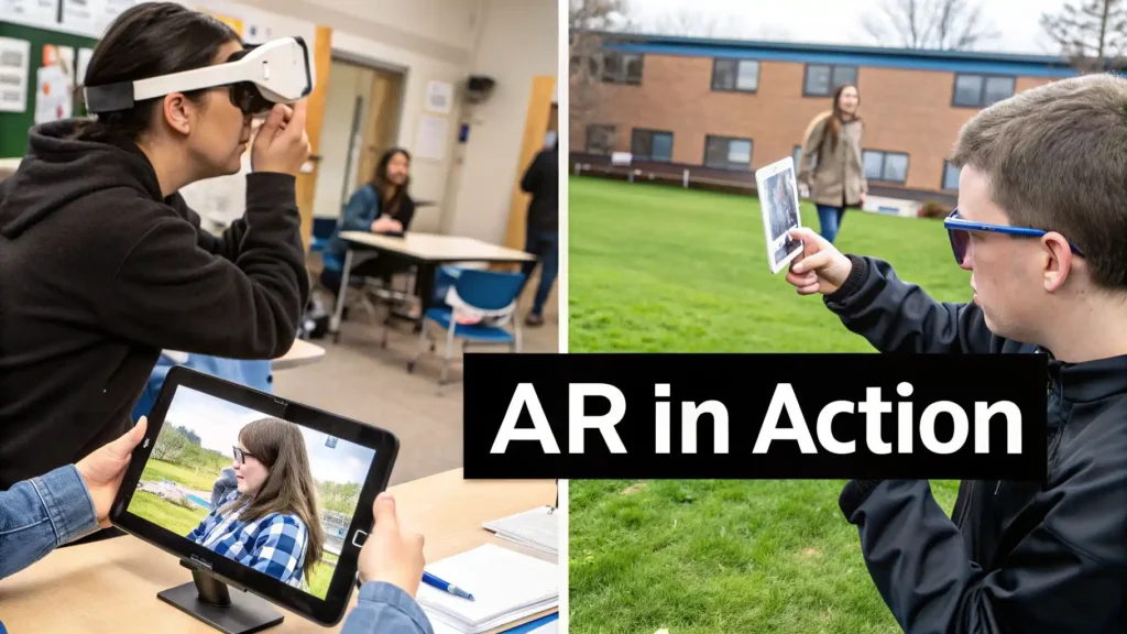Collage showing augmented reality in action, with students using AR headsets and tablets indoors and outdoors to interact with digital content overlaid on real-world environments.