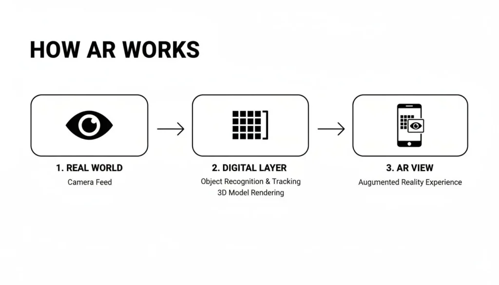 Infographic explaining how augmented reality works, showing three steps: real-world camera feed, digital layer with object recognition and 3D model rendering, and AR view on a smartphone.