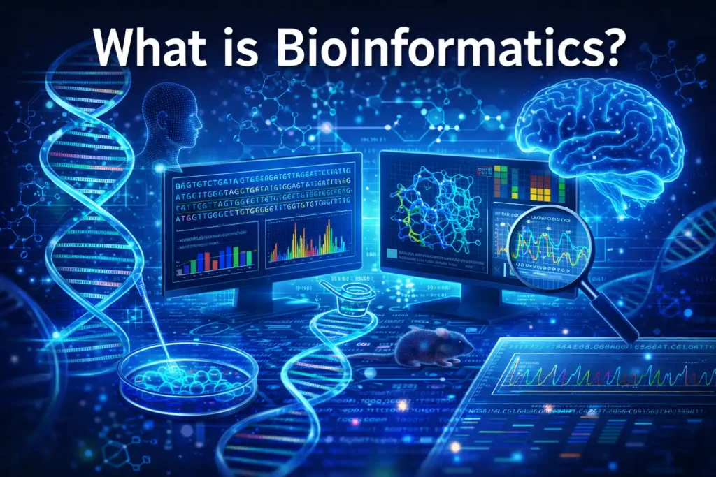 What is bioinformatics? A Quick Guide to what is bioinformatics Illustration titled “What is Bioinformatics?” showing a glowing DNA double helix, computer monitors with genomic data and charts, a molecular structure model, and a digital brain, representing the integration of biology, genetics, and data analysis technology.
