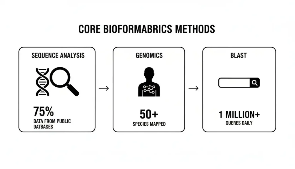 Infographic titled “Core Bioinformatics Methods” showing three sections: Sequence Analysis with DNA and magnifying glass icon (75% data from public databases), Genomics with human figure icon (50+ species mapped), and BLAST with search bar icon (1 million+ queries daily).