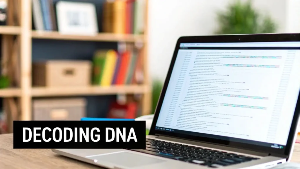Laptop displaying DNA sequencing or bioinformatics data analysis on screen, with the text “Decoding DNA” overlaid, set in a modern home office environment with bookshelf in the background.