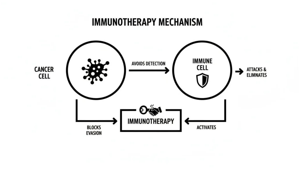 Immunotherapy mechanism diagram showing how cancer cells evade immune detection and how immunotherapy activates immune cells to block evasion, attack, and eliminate cancer cells.