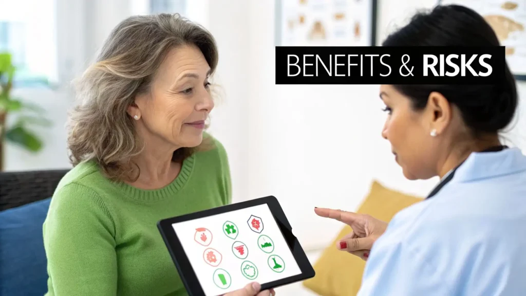 Doctor discussing immunotherapy benefits and risks with a senior female cancer patient, showing treatment information on a digital tablet during a medical consultation.