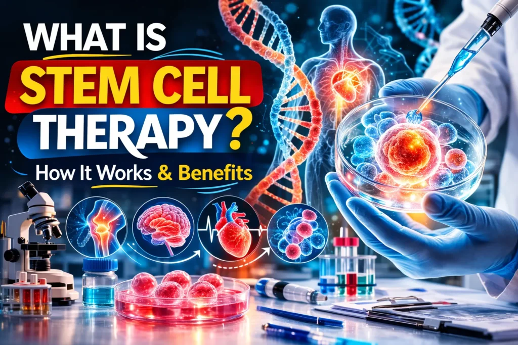 What Is Stem Cell Therapy a Guide to How It Works and What to Expect Stem cell therapy illustration showing DNA strands, glowing stem cells, lab equipment, and human body highlighting regenerative medicine treatment.