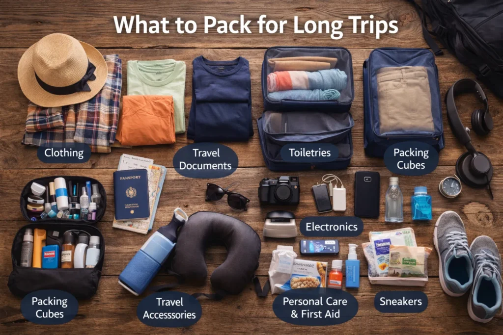 The Ultimate 2026 Guide: 10 Essentials on What to Pack for Long Trips Realistic cover image titled “What to Pack for Long Trips” showing a flat lay of organized travel essentials on a wooden surface, including clothing, toiletries, packing cubes, passport and travel documents, electronics, sneakers, personal care items, and a travel neck pillow.