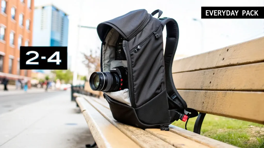 Compact everyday camera backpack with mirrorless camera stored inside, placed on a park bench in an urban setting, labeled “Everyday Pack 2–4,” highlighting essential travel gear for short trips.