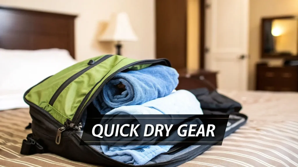 Open travel packing cube on a hotel bed filled with rolled quick-dry clothing and towels, labeled “Quick Dry Gear,” highlighting lightweight, fast-drying travel essentials for long trips.