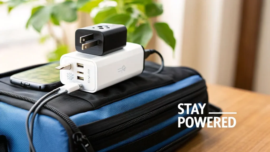 Travel charger with multiple USB ports and power adapters plugged in, placed on top of a packed suitcase with a smartphone nearby and the text “Stay Powered,” representing essential charging gear for long trips.