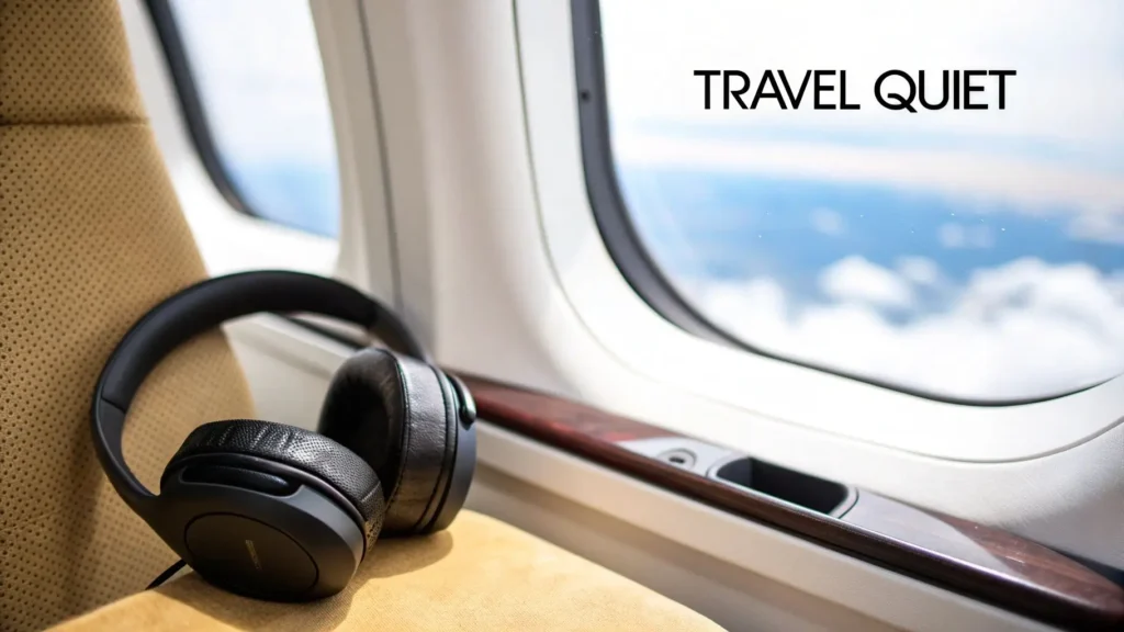 Noise-canceling headphones resting on an airplane seat beside a window with clouds visible outside and the text “Travel Quiet,” representing peaceful, comfortable long-distance travel.