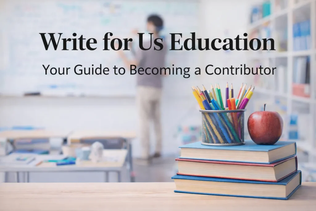 Write for Us Education – Your Guide to Becoming a Contributor banner featuring stacked books, a pencil holder with colorful pencils, and a red apple on a desk, with a blurred classroom and teacher in the background.