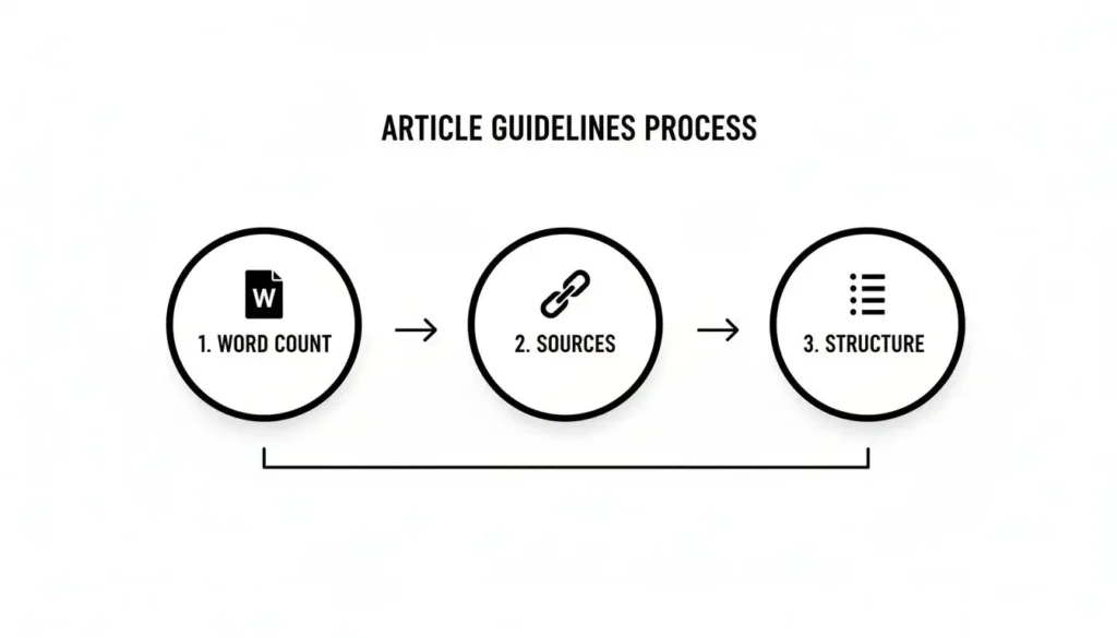 Article guidelines process infographic showing three steps: word count requirements, credible sources, and clear structure for content submission.