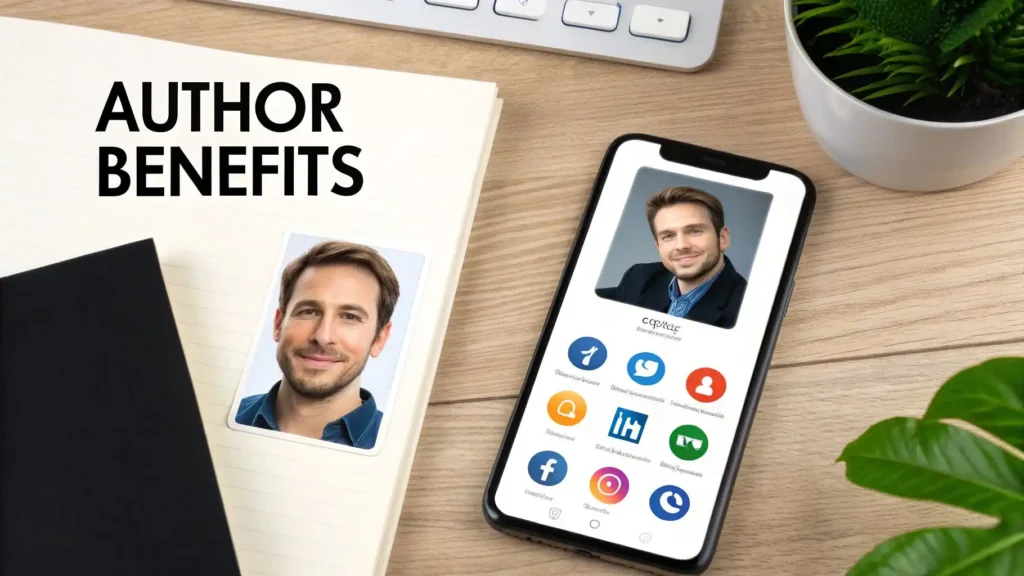 Author benefits illustration showing a writer profile, notebook, and smartphone with social media icons, highlighting author bio exposure and content promotion opportunities.