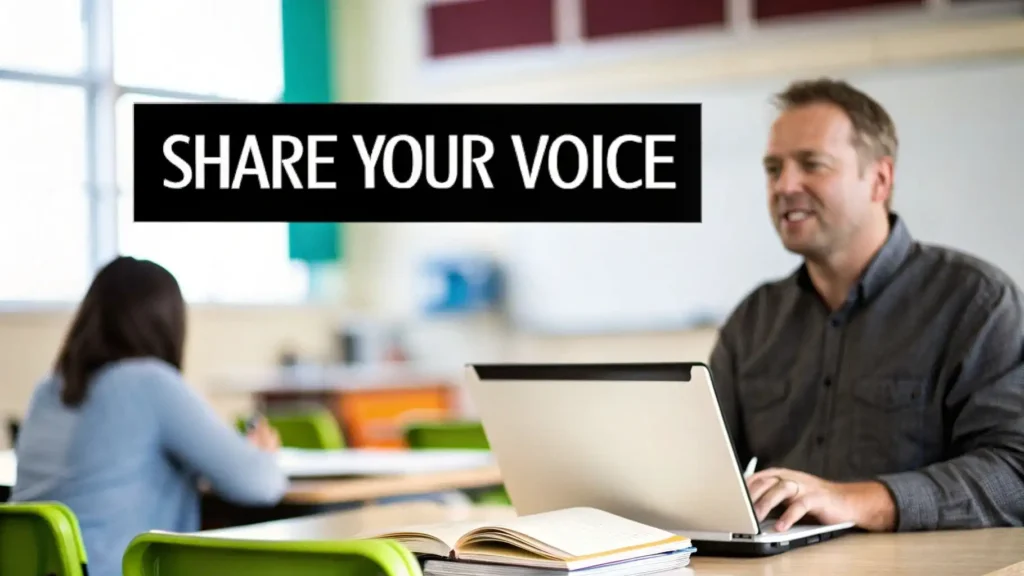 Educator working on a laptop in a classroom with students in the background and the message “Share Your Voice,” representing a write-for-us education contributor opportunity.