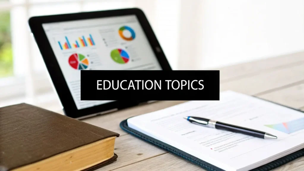 Education workspace with a tablet displaying charts, a notebook, pen, and book on a desk, illustrating education topics, learning resources, and academic content creation.