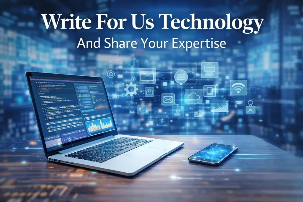 Write For Us Technology And Share Your Expertise Write For Us Technology – And Share Your Expertise banner showing a laptop with code and analytics, a smartphone on a desk, and futuristic digital technology icons in a modern blue tech background.