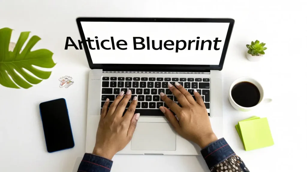 Hands typing on a laptop with the text “Article Blueprint” on screen, surrounded by a coffee cup, phone, and notes, representing content planning, article structure, and writing workflow.