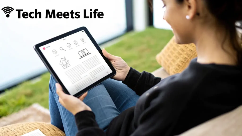 Person using a tablet to read digital content with the text “Tech Meets Life,” illustrating technology lifestyle topics, digital living, and modern tech use in everyday life.